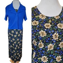 Vintage 90s Womens 8 Floral Maxi Dress Sundress Set Blue Collared Cardigan - $48.21