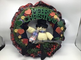 Wreath Snowman Plaid Flannel Merry Christmas Holiday Hearts Buttons Farmhouse  - £18.00 GBP