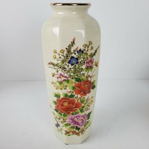 Vintage Japanese Vase Red Pink Roses Gold Trimmed 11 Inch Tall Signed JAPAN - £35.38 GBP