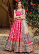Beautiful Pink And Grey Khatli Embroidered Traditional Anarkali Gown6 - £79.25 GBP