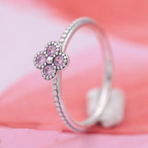 925 Sterling Silver Oriental Blossom Ring with Pink Zirconia For Women  - £14.06 GBP