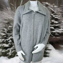 Eileen Fisher Sweater Coat Womens L Gray 100% Wool Full Zip Drawstring Cowl Neck - $70.06