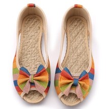 Veowalk Rainbow Striped Women Peep Toe Flat Shoes Slip On Cotton Fabric Linen Co - £23.75 GBP