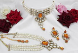 Indian Gold Plated Pearl Choker Statement Necklace Orange Kundan Jewelry Set - $28.49