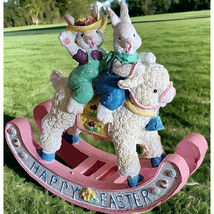 6&quot; Vintage Bunny Pair Riding On Rocking Lamb Easter Figurine Pink Accents - $11.67