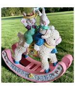 6&quot; Vintage Bunny Pair Riding On Rocking Lamb Easter Figurine Pink Accents - $16.19 CAD
