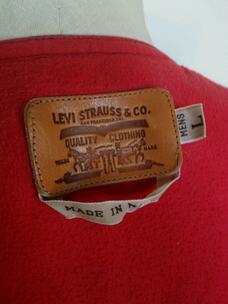 Levis Leather Patch Tag Trucker Vest Large Navy metal buttons Tan tab Vintage - $96.99