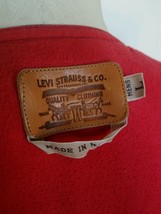 Levis Leather Patch Tag Trucker Vest Large Navy metal buttons Tan tab Vintage - $96.99