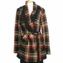 Ralph Lauren Black Plaid Wool Blend Long Fringe Belted Cardigan L - $109.99