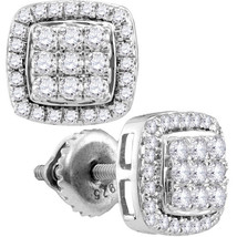 10k White Gold Round Diamond Square Cluster Screwback Fashion Earrings 1.00 Ctw - £641.78 GBP