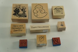 Lot of 9 Halloween Wood Mounted Rubber Stamps Ghost Spooky House Spider Web - £9.77 GBP