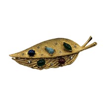 Vintage Leaf Brooch Pin Brushed Textured Gold Tone &amp; Faux Blue Green Gem... - £9.57 GBP