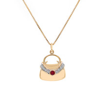 0.30 Carat Round Cut Diamond &amp; Ruby Handbag Gold Pendant Necklace 14K Yellow Gol - £450.74 GBP