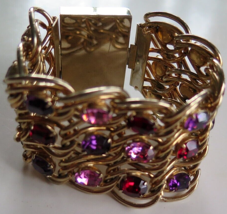 Vintage Huge Red Pink Purple Rhinestone Gold Tone Chunky Bracelet Stunning 8&quot;X2&quot; - £34.44 GBP