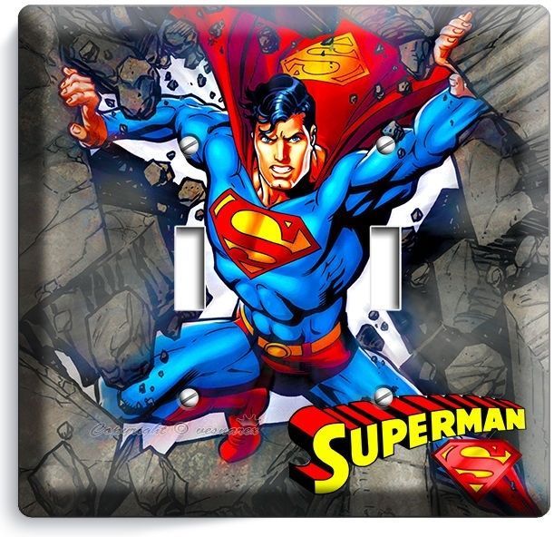SUPERMAN CARTOON COMICS DOUBLE LIGHT SWITCH WALL PLATE COVER BOYS BEDROOM DECOR