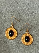 Brushed Goldtone Medallion w Oval Black Plastic Cab Dangle Earrings for Pierced - £9.02 GBP