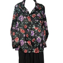 Secret Treasures Oily Satin Pajamas Woman M Black Floral Pants Button Top Used - £13.39 GBP