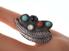 sz6.25 Vintage Native American Multi-Stone Sterling feather ring - $79.20