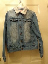 Brooklyn Cloth Distressed Blue Denim Jacket Coat Fleece Collar Medium - £12.78 GBP