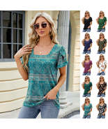 Summer Top Fashion Square Neck Printed Short-sleeved T-shirt With Petal ... - £7.80 GBP+
