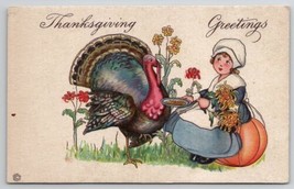 Thanksgiving Darling Pilgrim Feeding Turkey Postcard V22 - £6.33 GBP