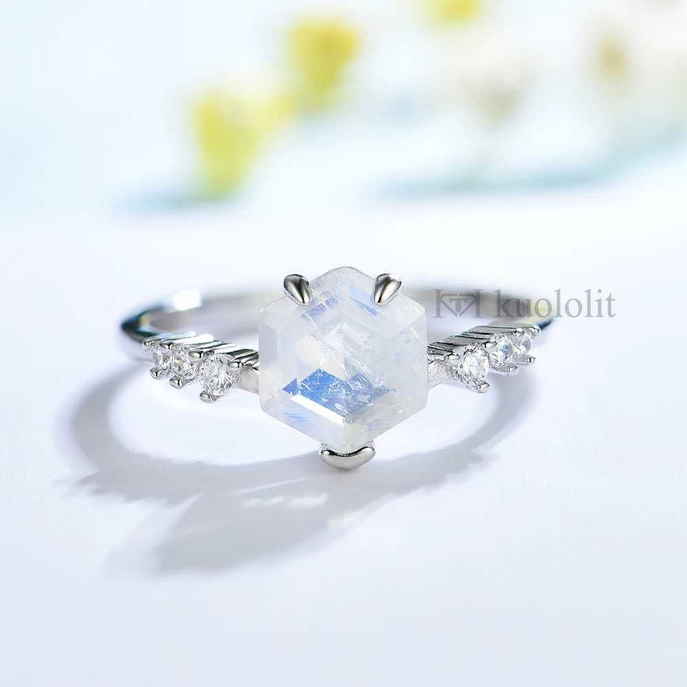 Nautral Rainbow Moonstone Gemstone Rings for Women 925 Sterling Silver Hexagon S - £42.17 GBP