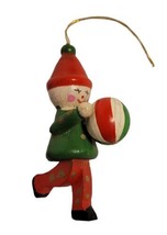 Vtg Handpainted Wooden Elf / Clown w/ Ball Red Green Christmas Ornament 3&quot;T EUC - £12.38 GBP
