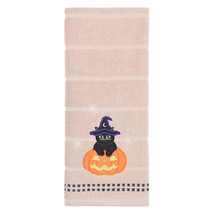NEW Halloween Witchy Kitty Black Cat Pumpkin Hand Towel 16 x 25 inches, tan - £7.13 GBP