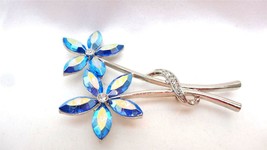 Vintage Silvertone Cobalt AB and Crystal Clear Rhinestones Flower Brooch... - £50.76 GBP