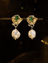 18K Gold Frenchie Pearl Drop Stud Earrings - dazzling, green, white, indian - £42.02 GBP