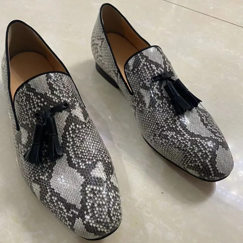 Mixed Colors Snake Skin Pattern Tassel Loafers Handmade Casual Flats Lux... - $210.49