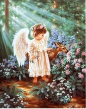 Art painting lovely angel girl with fawn deer Giclee Print Canvas - £7.58 GBP+