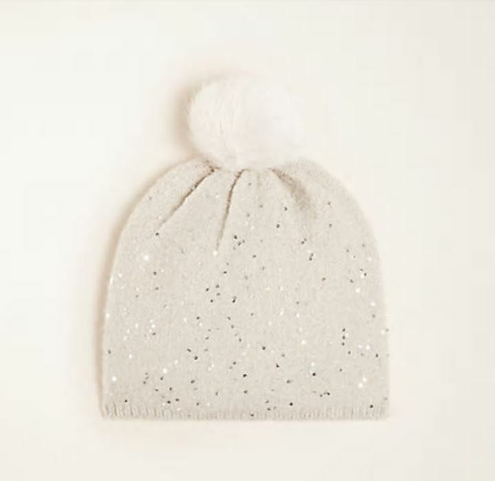 Primary image for New Ann Taylor Shimmer Gray Sequin Pom Pom Cozy Knit Beanie Hat One Size