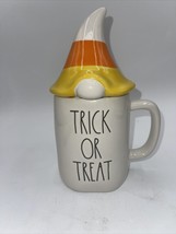 Rae Dunn &quot;TRICK OR TREAT&quot; coffee mug With Gnome Candy Corn Topper Ceramic - £13.65 GBP