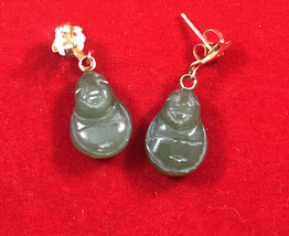 Old 14k Yellow Gold Green Jade Buddha Chinese Dangle Earrings Small Acid... - £104.85 GBP