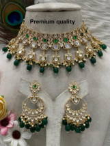 Bollywood Designer Gold Plated Jewelry Indian Kundan Polki Emerald Necklace Set - £189.08 GBP