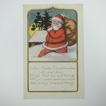 Christmas Postcard Santa Hikes in Snow Toy Bag Cabin Moon Night Whitney Antique - £15.75 GBP