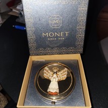 NEW Monet Gold Tone Rhinestone Angel Compact Mirror Original Box - £13.85 GBP