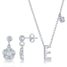 Sterling Silver Shiny &quot;E&quot; with Tiny CZ Flower Necklace and Earrings Set - £59.44 GBP