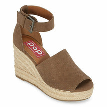 Pop Women&#39;s Damera Wedge Sandals Size 9M Taupe Ankle Buckle Comfort Fit - £37.00 GBP