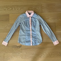 Vineyard Vines Blue White Stripe Pink Trim Ruffle Button Front Shirt Size 2 - $19.99