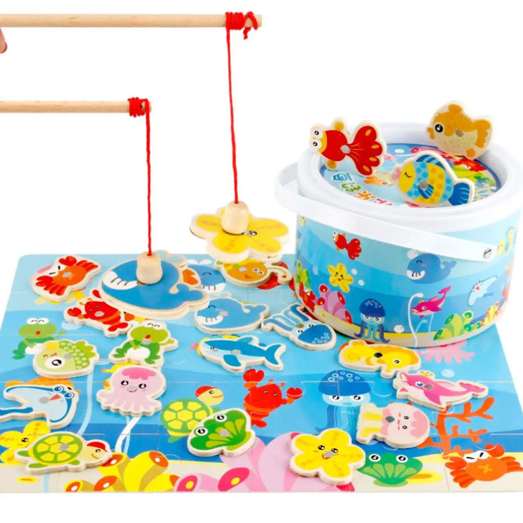 Box of Wooden Fishing Game Playset with 2 Fishing Rod and 22 Fish Animal  Jigsaw - £15.13 GBP
