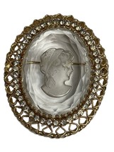 WARNER Vtg Gold TN Filigree Glass Intaglio Cameo Rhinestone Brooch Pin Sign - £22.98 GBP