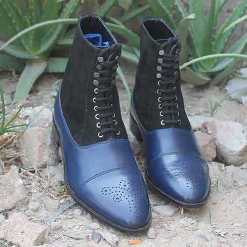 Men's Two Tone Blue High Ankle Brogue Cap Toe Black Suede Leather Boots US 7-16