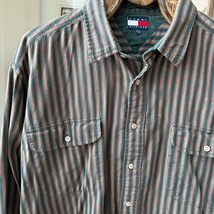 Vintage 90s Tommy Hilfiger Brown Green Stripe Relax Fit Button Down Shir... - $45.00
