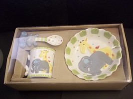 Child&#39;s dinnerware set bowl mug spoon Safari theme mudpie elephant giraffe - £18.78 GBP