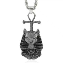 Egyptian Goddess Bastet Cat Ankh Pendant Necklace Protection Jewelry Chain 24&quot; - £12.61 GBP