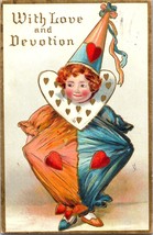 WITH LOVE AND DEVOTION GIRL HEARTS jester clown embossed 1909  POSTCARD a4 - £17.73 GBP