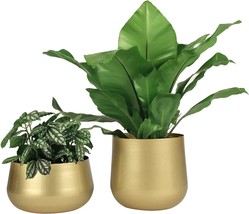 Vixdonos Gold Metal Flower Pots Brass-Toned Garden Planters, 7.1/6.3 Inch Indoor - £35.13 GBP