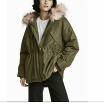 H&amp;M Parka Coat Olive Green Shearling Lined Pink Faux Fur Fuzz Hood Women... - £46.67 GBP